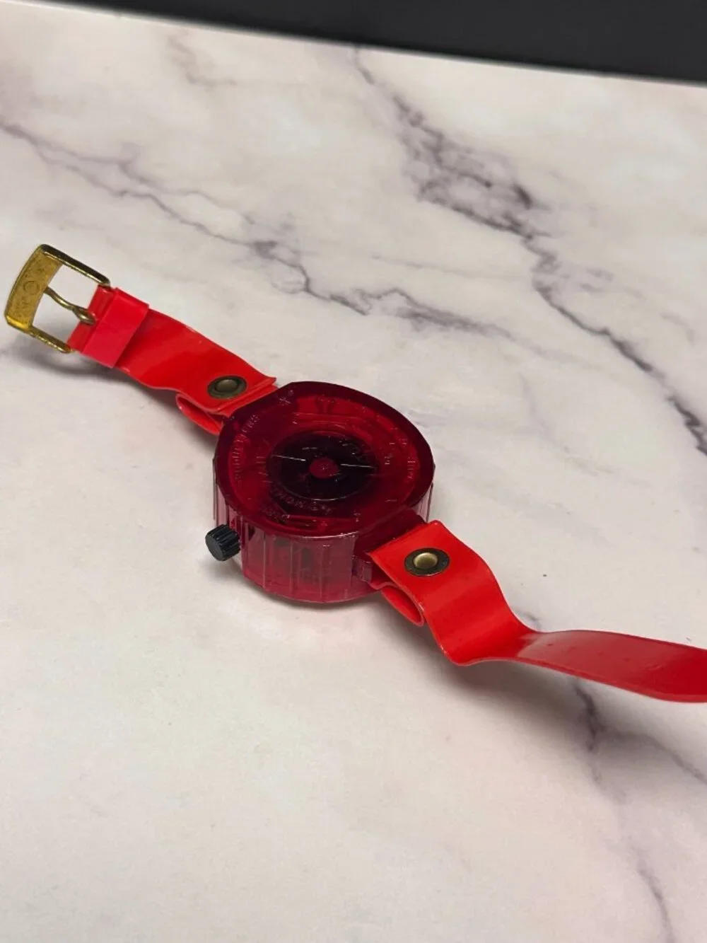 Vintage Mickey Mouse Wind Up Watch Kids Red Plastic Marx Toys 1970s Working 7.5